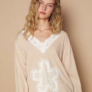 POL V-Neck Top with Floral Patch Detail